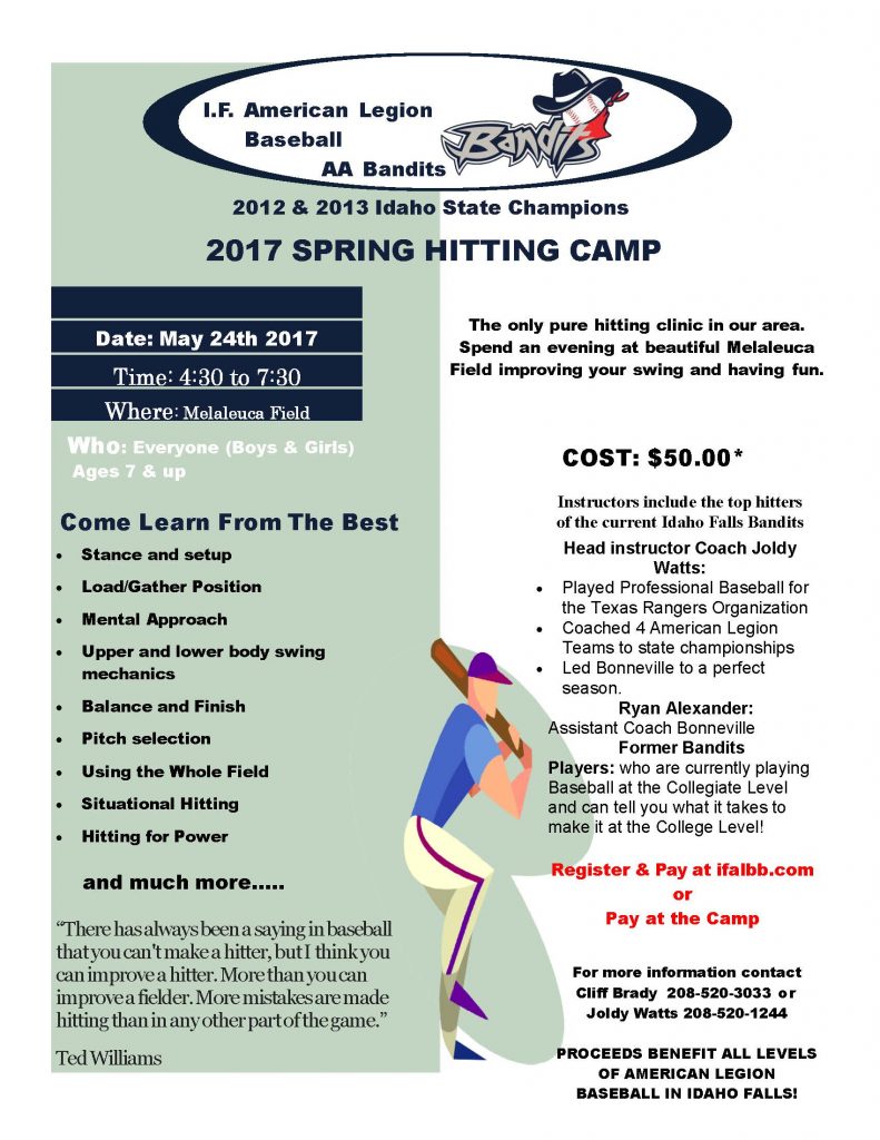 2017 hitting clinic poster revised - Idaho Falls American Legion Baseball